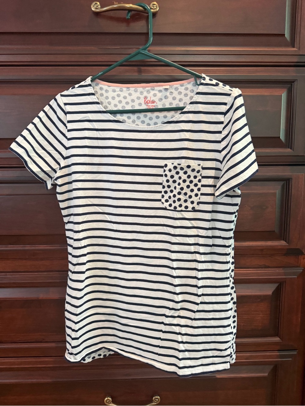 Boden Navy and White Striped Short Sleeve Tee with Polka Dot Pocket